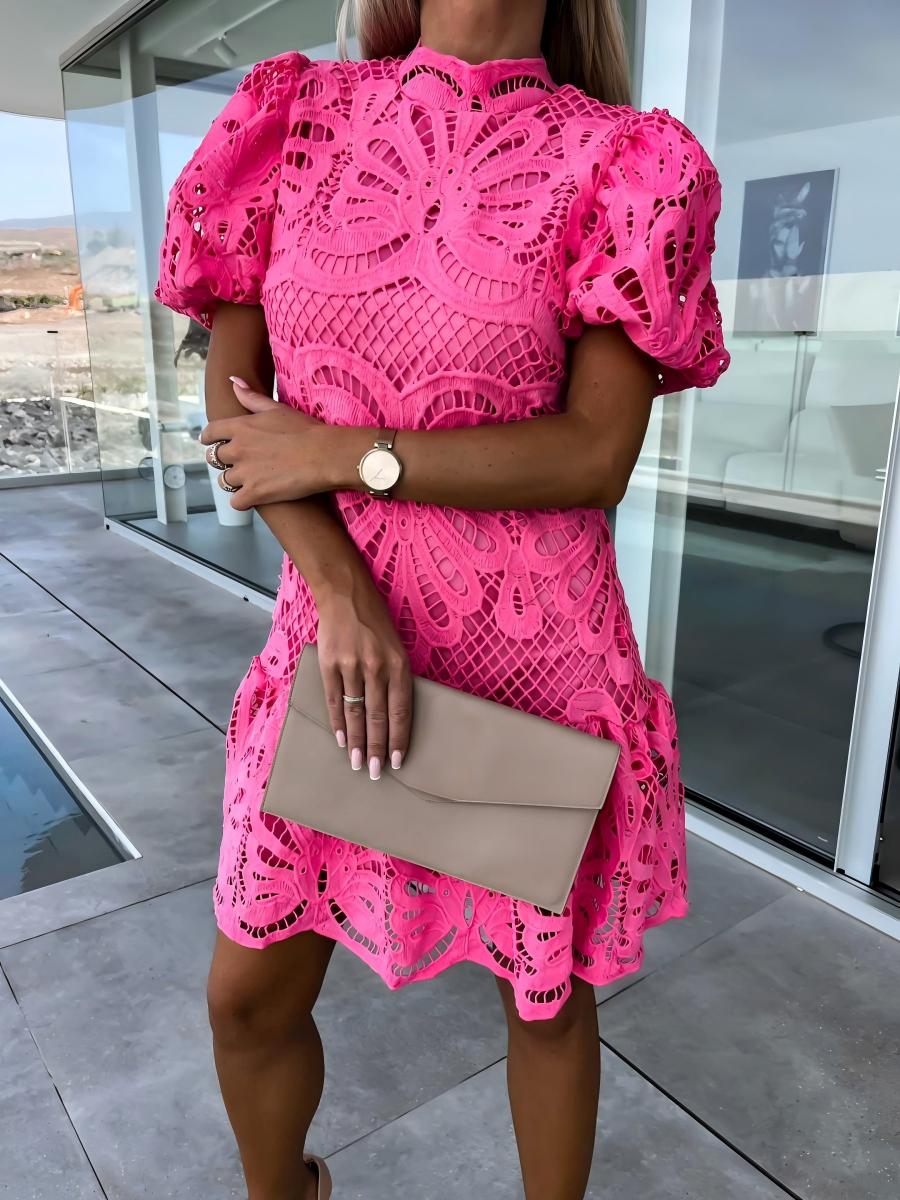 Solid Color Hollowed-out Water-soluble Lace Trim Elegant Mini&Short Dresses