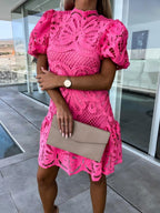 Solid Color Hollowed-out Water-soluble Lace Trim Elegant Mini&Short Dresses