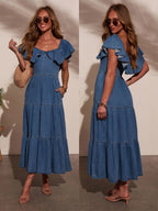 Denim Ruffle Crew Neck Large Skirt Maxi Dresses
