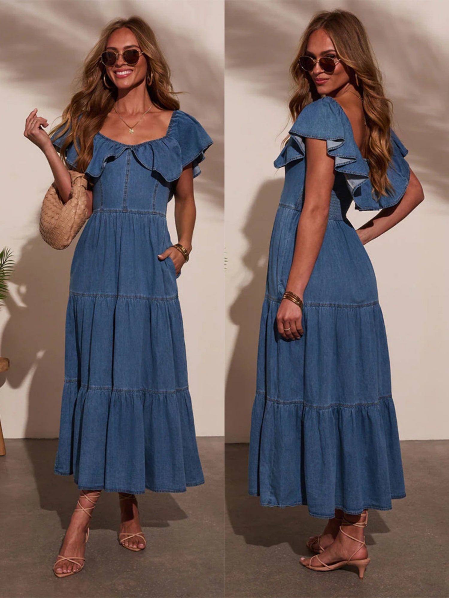 Denim Ruffle Crew Neck Large Skirt Maxi Dresses