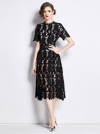 Water-soluble Lace Short-sleeved Slim-fit Midi Dress