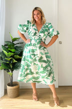 Abstract Geometric Print Deep V-Neck Puff Sleeve Cinched Waist Maxi Dress