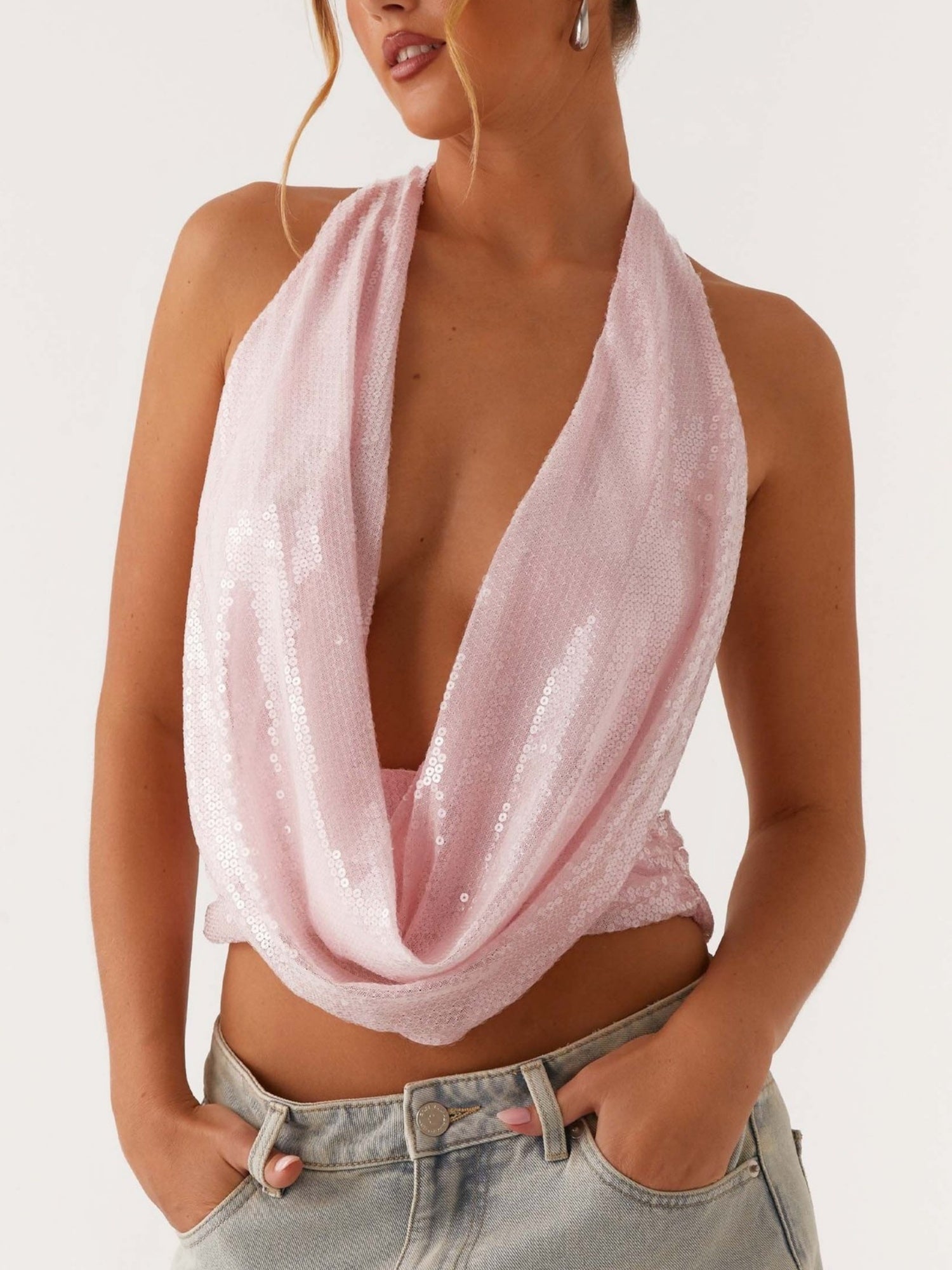 Sequined Halter Neck Backless Tie Sexy Suspenders