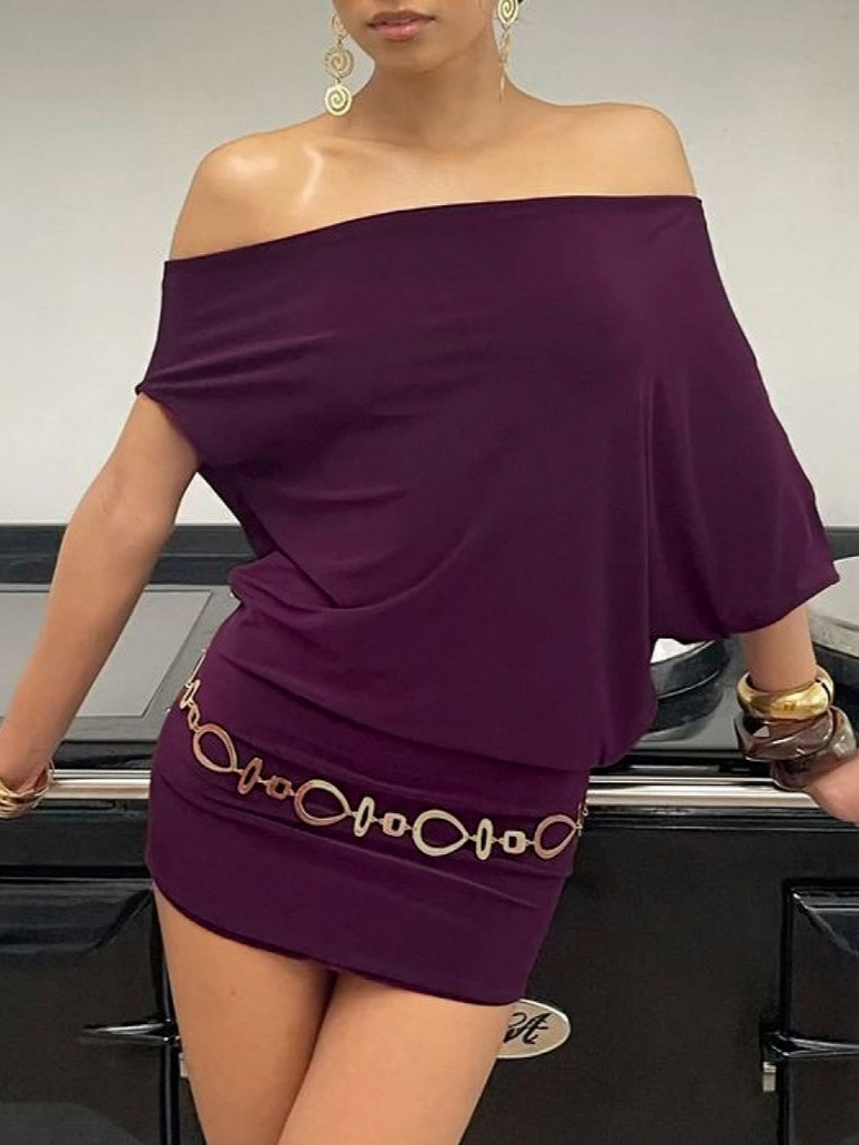 Off-shoulder, Two-way Batwing Sleeve, Solid Color, Loose Fit, Slimming, Asymmetrical Short Dress