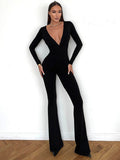Slim-fit Deep V-neck Long-sleeved Flared Jumpsuit