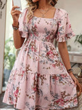 Printed Pleated Square Neck Short Sleeve Mini&Short Dresses