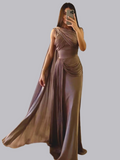 Gray Purple Pleated Ribbon Satin Maxi Dresses