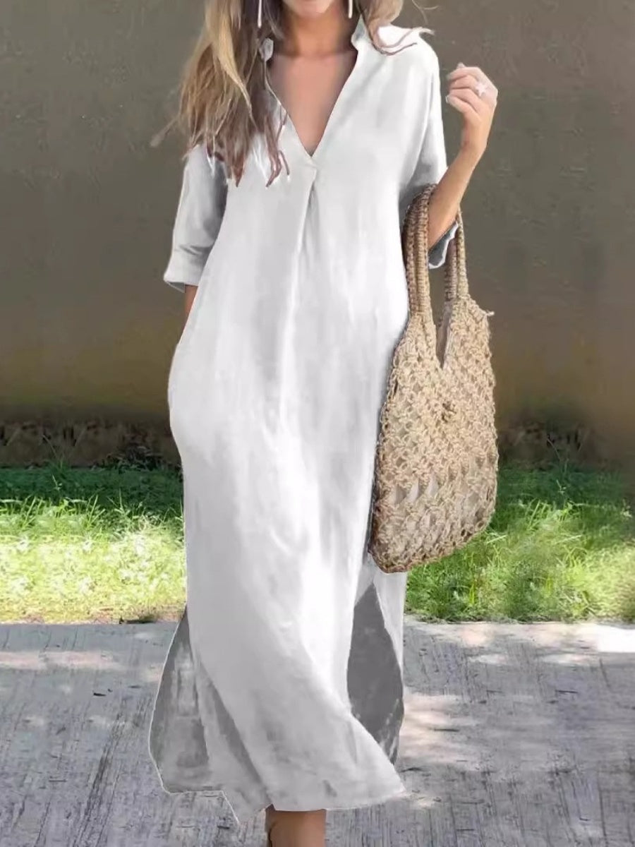 V-neck, Three-quarter Sleeve, Long Dress With Side Slit Pockets And Pleated Chest