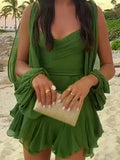Ruffle Balloon Sleeve Hollow Out Waist Shaping Mini&Short Dresses