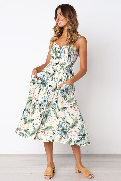 Sunflower Print Spaghetti Strap Button Front Fit and Flare Midi Dress
