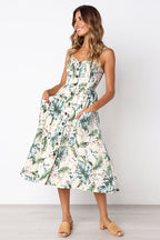 Sunflower Print Spaghetti Strap Button Front Fit and Flare Midi Dress