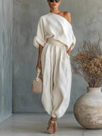 Off-shoulder T-shirt With Pockets, Versatile Casual Loose-fitting Trousers Two-piece Set