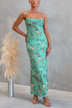 Adjustable Strap Floral Print Mesh Overlay Maxi Dress