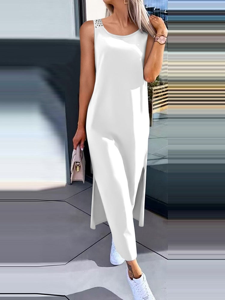 Simple Solid Color Sleeveless Long Dress With Openwork Floral Pattern On The Back
