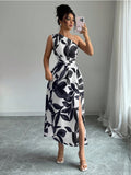 Sloping Shoulders Printed Slit Vacation Leisure Maxi Dresses