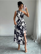 Sloping Shoulders Printed Slit Vacation Leisure Maxi Dresses