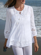 Tie-up Cotton And Linen Patchwork Lace Three-quarter Sleeve T-shirt