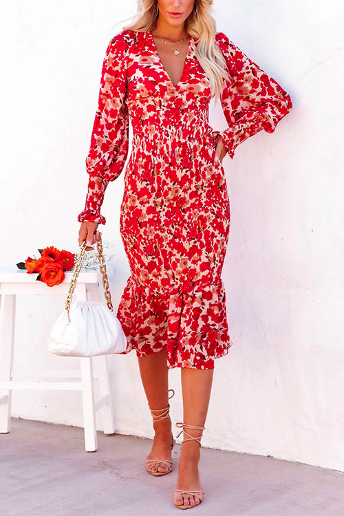 V Neck Long Sleeves Dress Printed Mermaid Midi Dress