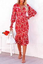 V Neck Long Sleeves Dress Printed Mermaid Midi Dress
