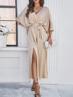 V-neck Tie High-waisted Slit Grace Maxi Dresses