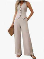Two-piece Set Of Button-down Cropped Vest And Wide-leg Pants