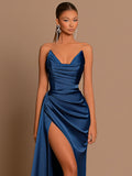 Sexy Strapless Style Deep V-neck Satin Waist Corset Dinner Party Long Dress