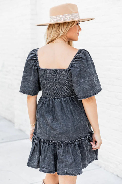 Square Neck Smocked Puff Sleeve Tiered Ruffle Hem Chambray Mini Dress