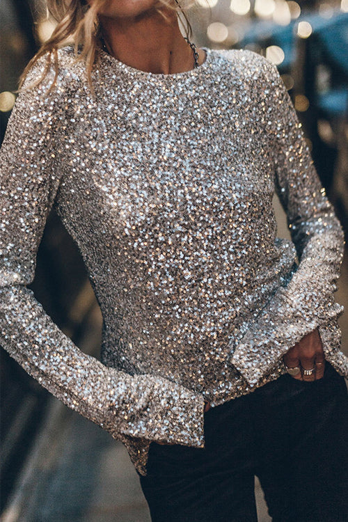 Sequin Crew Neck Long Sleeve Straight Mini Dress