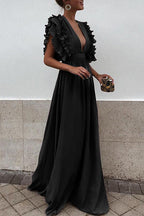 Deep V-Neck Tiered Ruffle Flutter Sleeve Gathered Maxi Gown