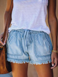 Elastic Waistband Tassel Pocket Straps Washed Jeans
