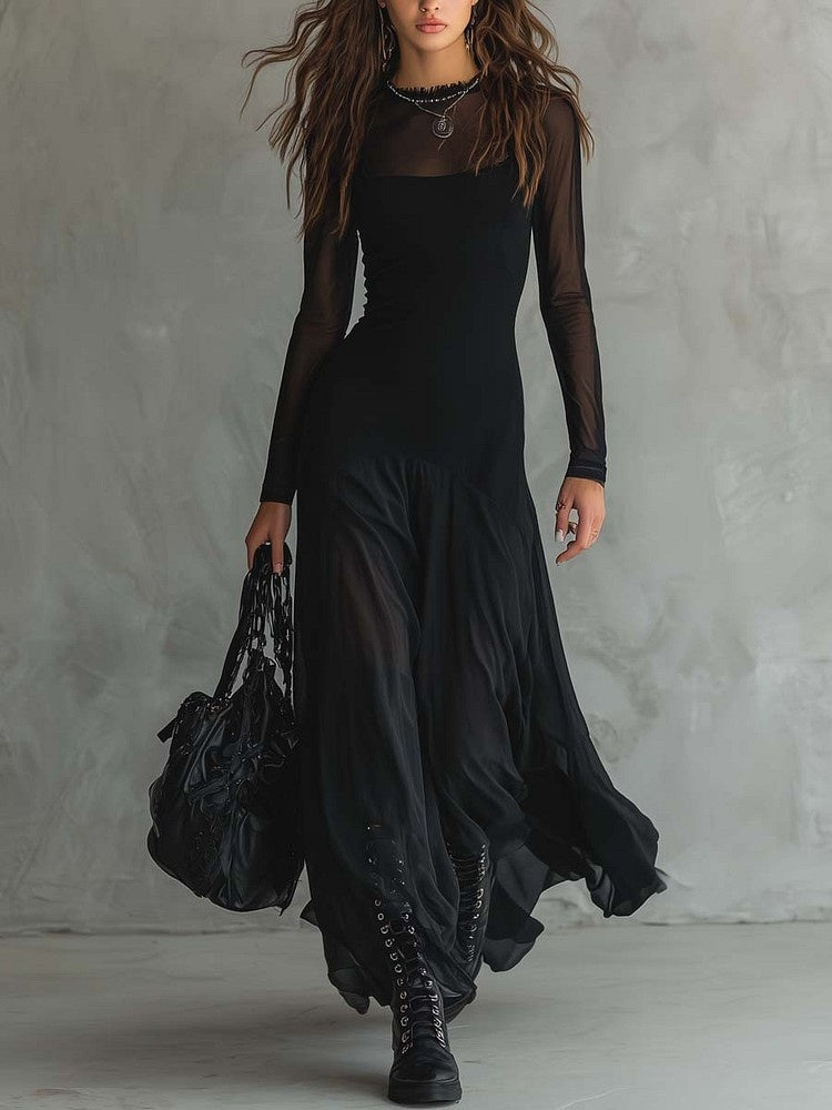 Pleated Mesh Patchwork Long Dress