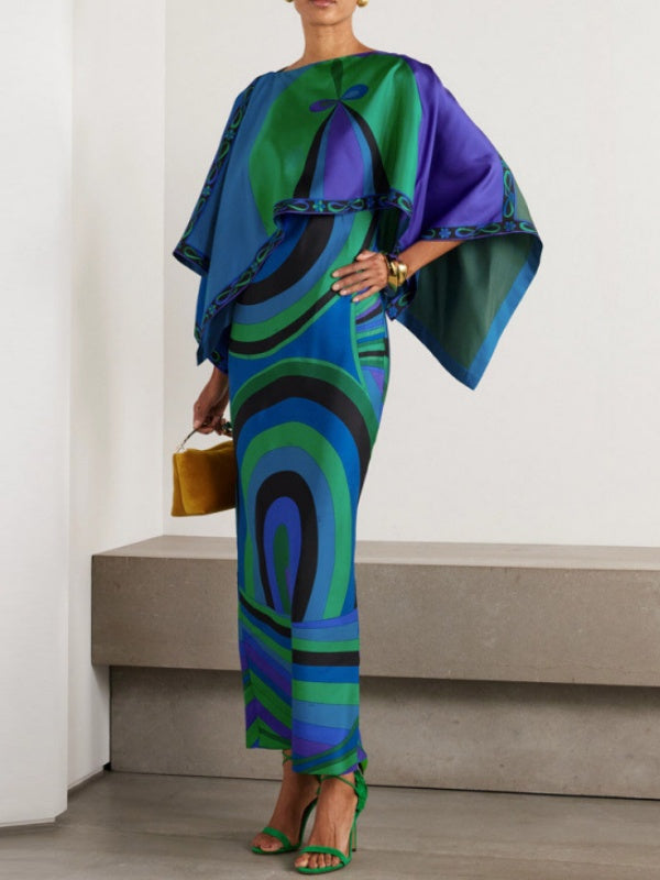 Abstract Irregular Print Shawl Dress Two-piece Set