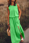 Sleeveless Waisted Slit Maxi Tank Dress