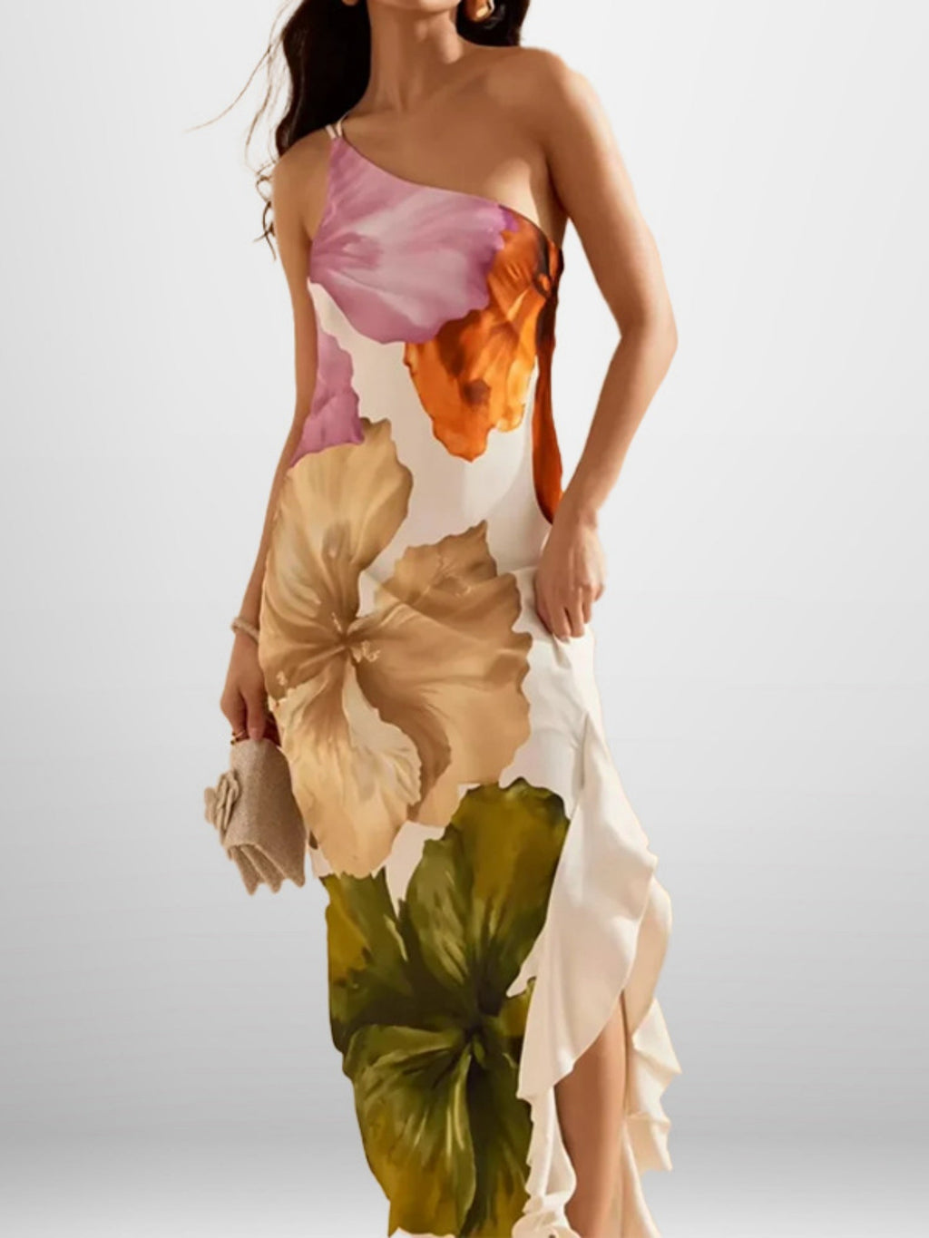 Printed Sloping Shoulders Ruffle Maxi Dresses
