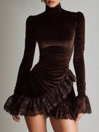 Turtleneck Lace Velvet Splicing Pleated Banquet Mini&Short Dresses
