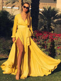 Bohemian Deep V Long Sleeve Slit Maxi Dress
