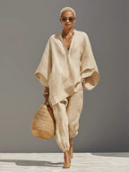 Solid Color Batwing Sleeves, V-neck, Loose Pockets 2-piece Sets