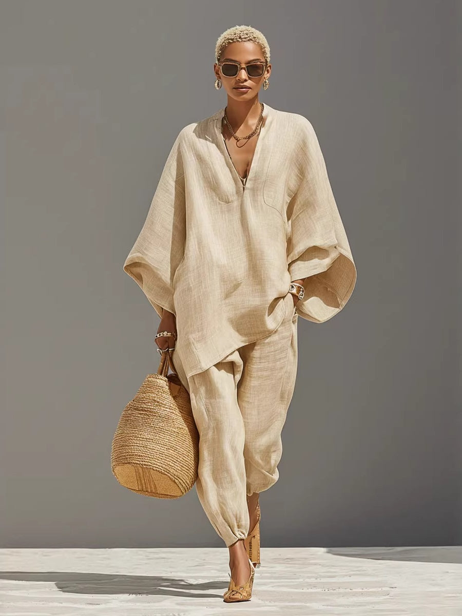 Solid Color Batwing Sleeves, V-neck, Loose Pockets 2-piece Sets