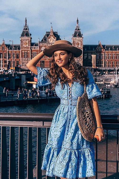 V Neck Button Front Floral Lace Bell Sleeve Tiered Midi Dress