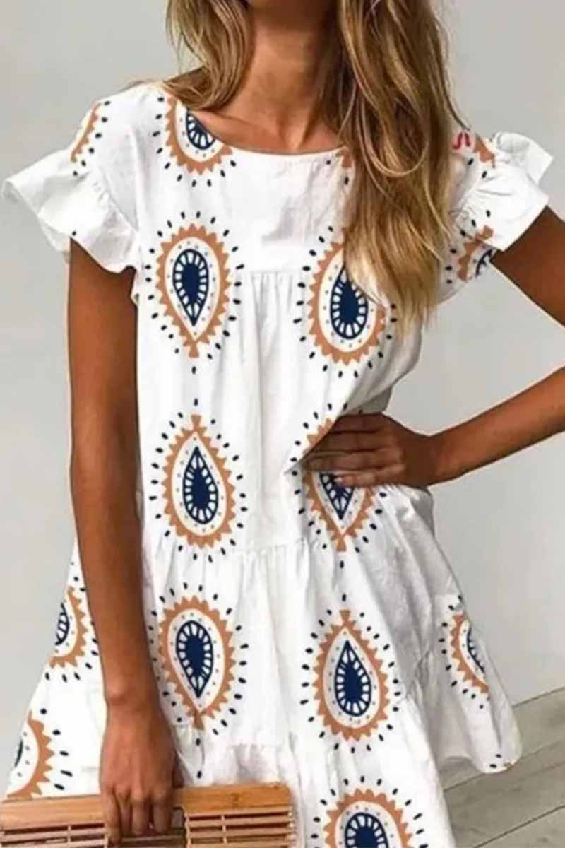 Paisley Print Round Neck Flutter Sleeve Tiered Mini Dress