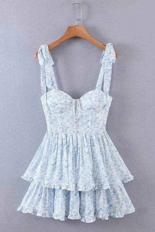 Bustier Sweetheart Tie Shoulder Button Front Tiered Ruffle Mini Dress