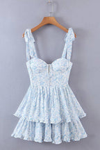 Bustier Sweetheart Tie Shoulder Button Front Tiered Ruffle Mini Dress