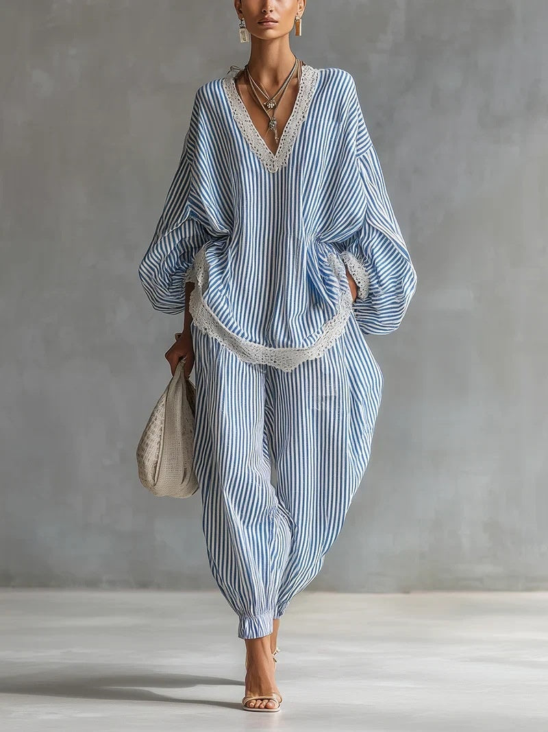 Long-sleeved Blue And White Striped Lace-trimmed Loose-fitting Wide-leg Pants Two-piece Set