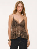Leopard Print Chiffon Lace Trim Ruffle Tank Top