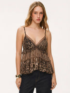 Leopard Print Chiffon Lace Trim Ruffle Tank Top