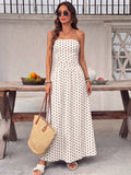 Polka Dots Tucking And Waist-cinching Strapless Maxi Dresses