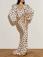 Polka Dots V-neck Puff Sleeves Waist Shaping Maxi Dresses