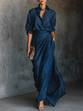 Solid Color Irregular Pleated Long Dress With Belt