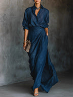 Solid Color Irregular Pleated Long Dress With Belt