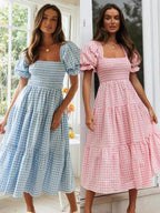 Plaid Puff Sleeve U-neck Mini&Short Dresses